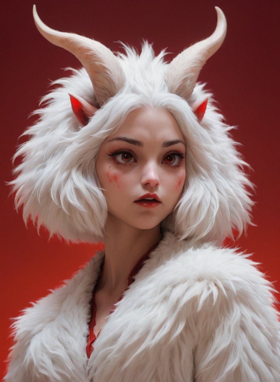 goat or lamb face with womans body, horn,red background, animal nose, white hair,(close-up:1.1), girl ( standing:1.2), cleavage, white hairy jacket, (looking at viewer:1.3), (slim body type:1.2), BREAK  dark theme, pastel lights, , dark art, blood, violent , hurt, mood, bleeding
,Furry,Movie Still