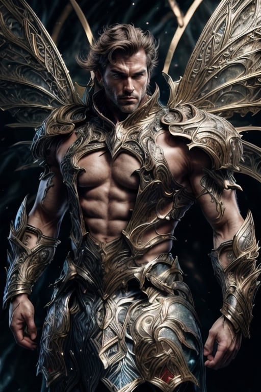 realistic, masterpiece, intricate details, detailed background, depth of field, photo of a handsome (european man), fr4ctal4rmor, big guy, wearing fractal barbarian armor, ((dynamic pose)), fighting stance, wings, fantasy background, cinematic composition, sharp focus, harness, pectorals, abs, thighs,