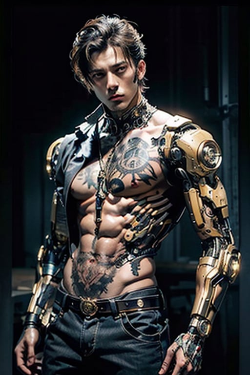 1boy, handsome, bear, dramatic lighting, big muscle, (cyborg:1.2), red tuxedo,chest tattoo,
