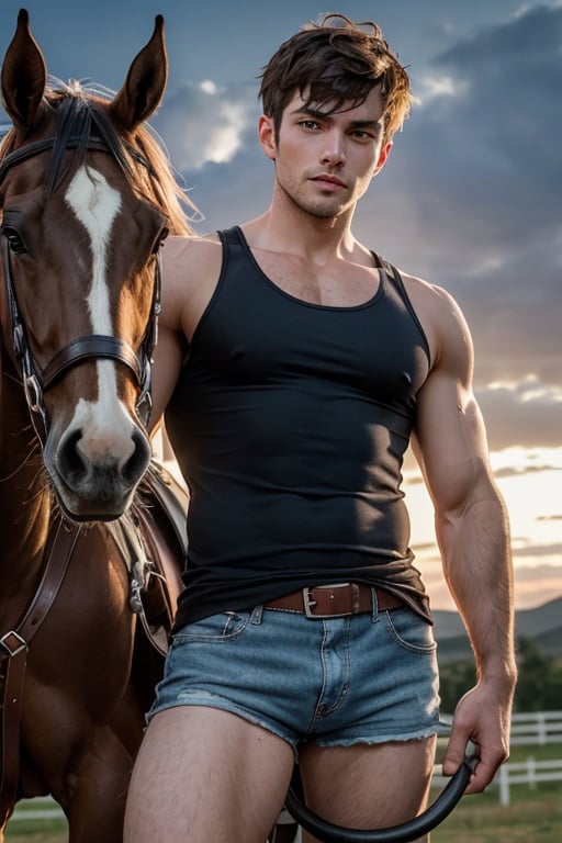 masterpiece, best quality, 8k resolution, cowboy shot, shiny skin, male, muscle man, makihitsuji, asymmetrical bangs, medium hair, short shorts, tank top, look at viewer, horse riding, dusk, cloudy, hills