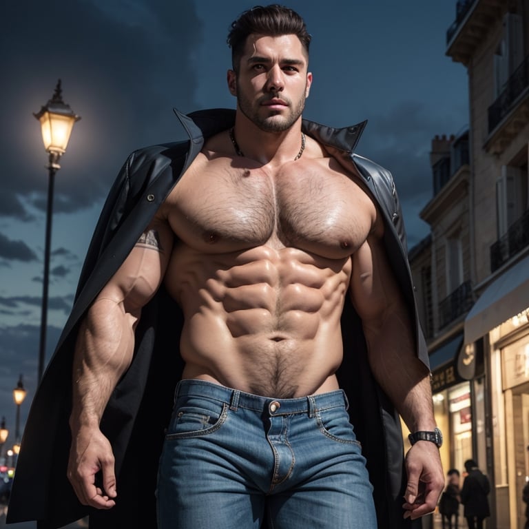 masterpiece, best quality, highly detailed, cowboy shot, exquisite facial features, prefect face, shiny skin, 1male, solo, muscle man, handsome man , (medium hair), brown hair, curly hair, night, sky, Masculine, burly hairy manly strongmen, tattoo, open coat, topless, jean, ((big bulge:1.5)), strolling beneath Eiffel Tower: Romantic Parisian ambiance, in Paris,