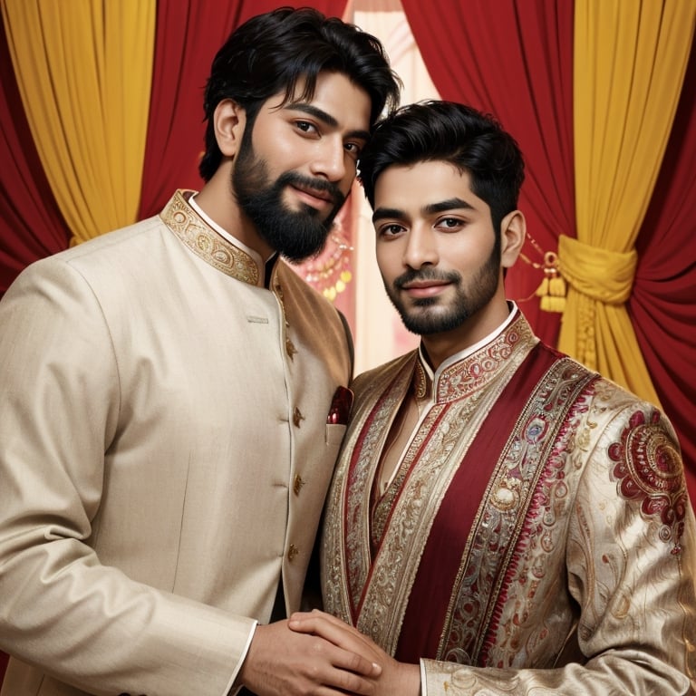 realistic, ((masterpiece)), ((best quality)), (detailed), beautiful lighting, detailed background, photorealistic, (medium full shot), exquisite facial features, prefect face, ((2male)), handsome, beard, looking at viewer, Vibrant Indian gay wedding: colorful festivities, intricate traditional attire, lively music and dance, ornate decorations, elaborate rituals, joyous family celebrations, symbolic ceremonies, diverse cultural traditions, the union of two families in a tapestry of rich colors and traditions,