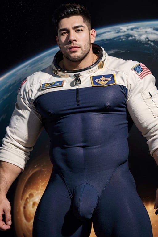 masterpiece, best quality,Photorealistic, vibrant colors, medium shot::0.5,   Postmodernism, UhD, highly realistic, detailed, Wormhole, Burly man, 1 boy, shiny skin, male, muscle man, handsome, (big guy), (big bulge), astronaut costume,