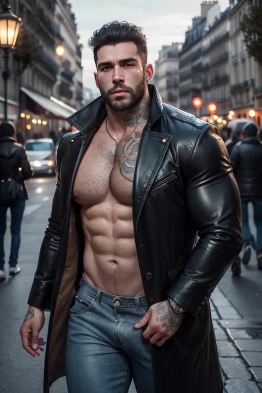 masterpiece, best quality, highly detailed, cowboy shot, exquisite facial features, prefect face, shiny skin, 1male, solo, actor Pio Marmai, muscle man, handsome man , (medium hair), brown hair, curly hair, night, sky, Masculine, burly hairy manly strongmen, tattoo, open coat, topless, jean, ((big bulge:1.5)), strolling beneath Eiffel Tower: Romantic Parisian ambiance, in Paris,