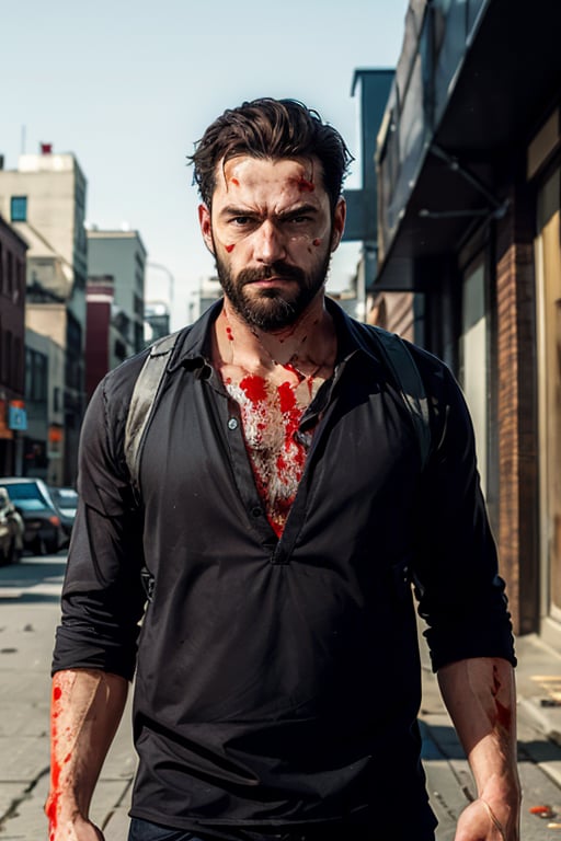 , maxMP3_soul3142, 1boy,  male focus, solo, blood, facial hair, manly, beard, on the street,