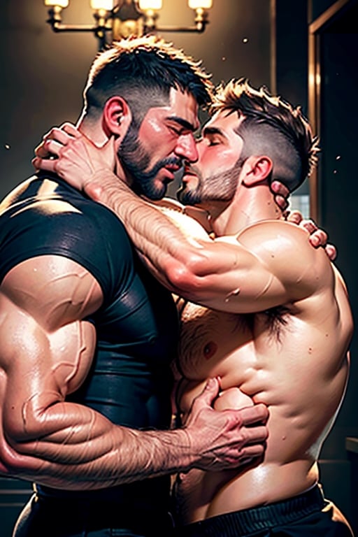 group of friendly burly hairy manly military strongmen kissing and caressing each other's muscle, worshipping bodies, dad energy, epic, size difference, photography, high resolution, very detailed, smooth, clear, clean