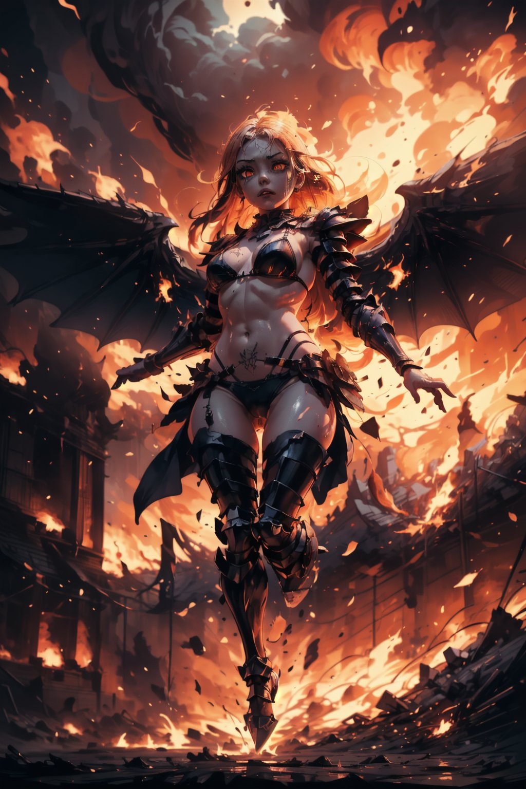 Highres, best quality, extremely detailed, area lighting in background, HD, 8k, 1girl, fiery eyes, bikini armor, overlooking an army, horror style, area lighting in background, flame dress, large burning wings, (levitating:1.2) hovering above ground