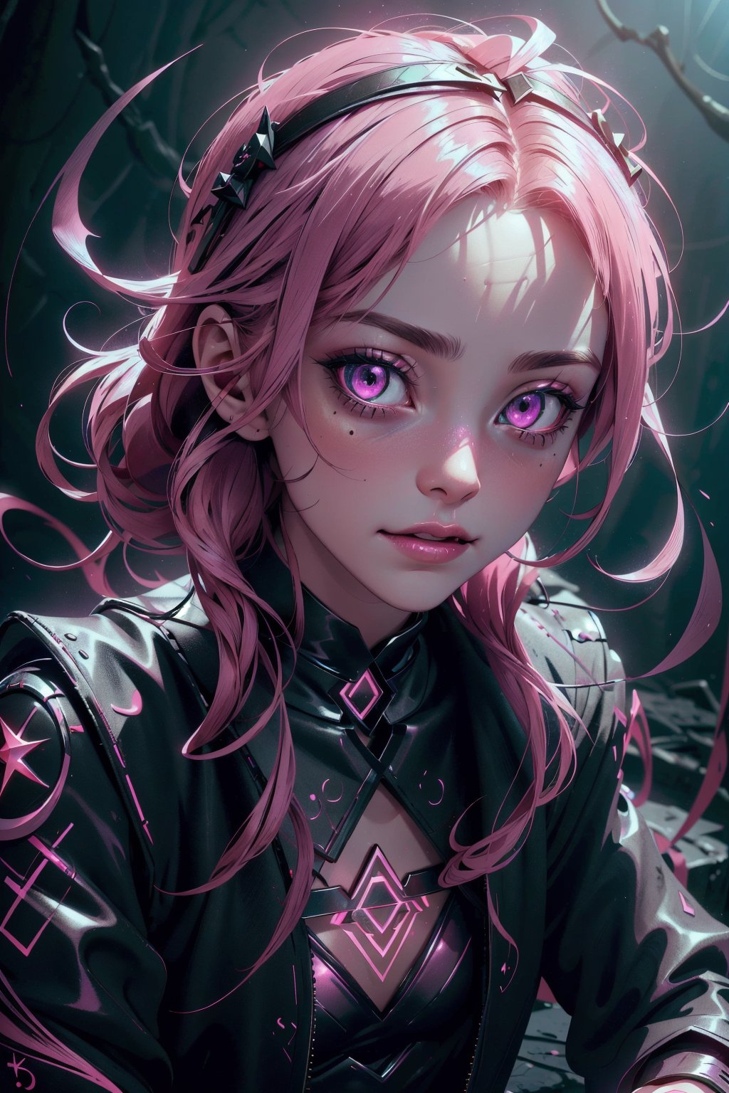 Highres, best quality, extremely detailed, area lighting in background, HD, 8k, extremely intricate:1.3) 1 girl, demonictech, iridescent, shiny, small body, cleavage, asymmetrical ,GlowingRunes_pink ,Detailedface, portrait