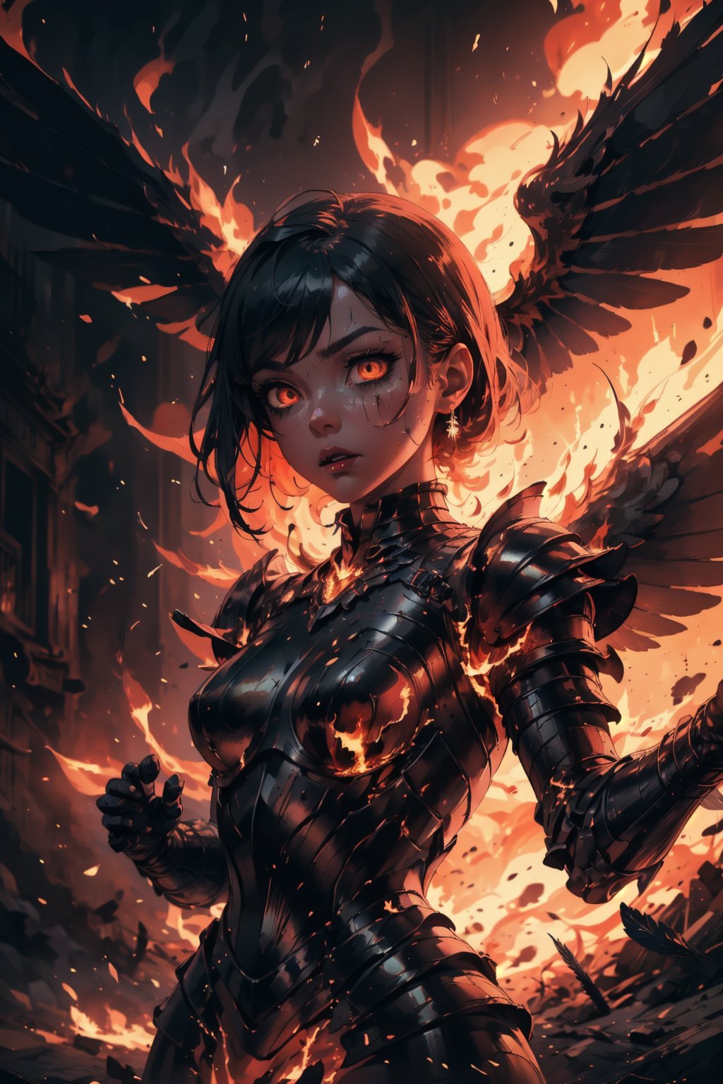 Highres, best quality, extremely detailed, area lighting in background, HD, 8k, 1girl, armor, fiery eyes, overlooking an army, horror style, area lighting in background, flame dress, large burning feather wings, (levitating:1.2) portrait, upper_body