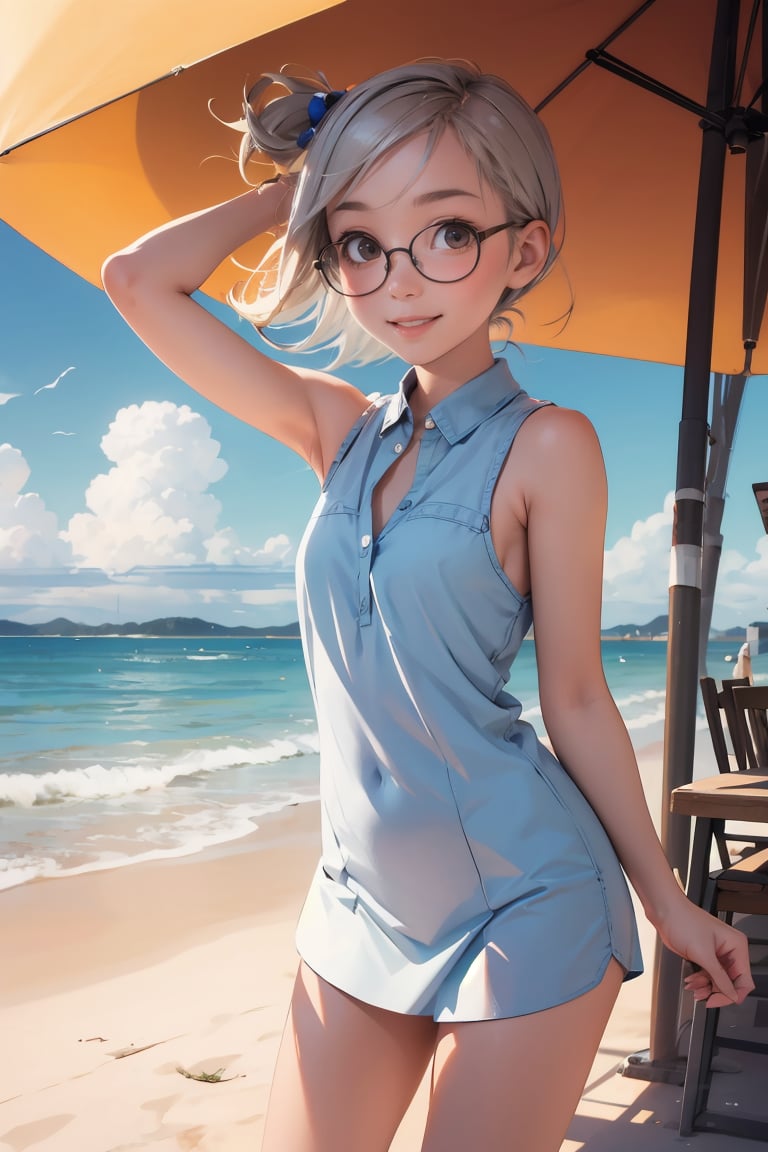 (masterpiece, best quality), 1girl,  immatsuri, glasses, sleeveless, under the sun, wind blowing her hair, sweet smile
