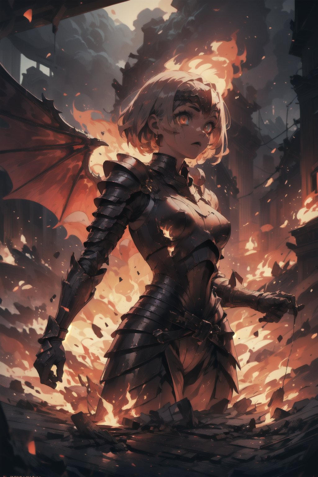 Highres, best quality, extremely detailed, area lighting in background, HD, 8k, 1girl, armor, fiery eyes, overlooking an army, horror style, area lighting in background, flame dress, flame wings