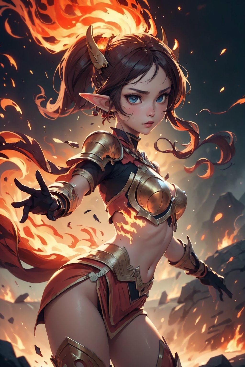 (masterpiece, best quality), intricate details, perfectly drawn face, 1 girl, elf, (revealing_clothes:1.2), dynamic pose, cowboy_shot, (firemagicAI, fire armor) burning background