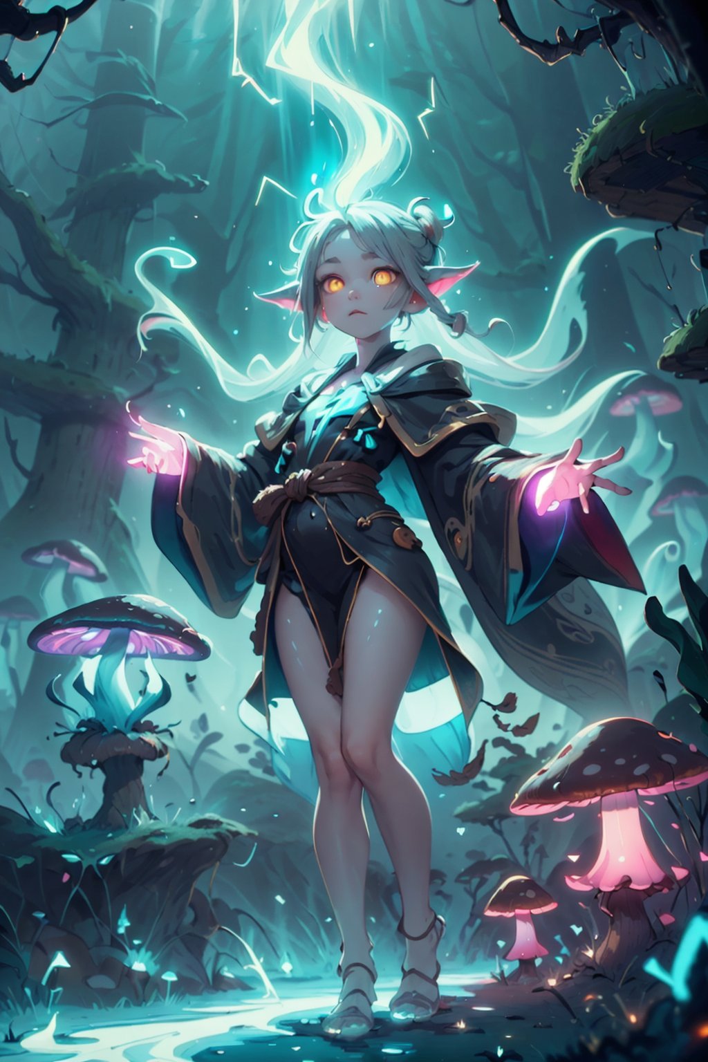 (masterpiece, best quality), (1 girl, cute, small body), yellow eyes, gray hair, fade with sideburns, Style-GravityMagic, solo, (full body:0.6), looking down, detailed background, detailed face, fungal mage, calm, dark brown robes, swirling brown magical energy in the air, nature, folkloric, underbrush, fungal wisps, living mushrooms in background, mysterious dark night, faint bioluminescence, ethereal atmosphere, lightningmagicAI, 