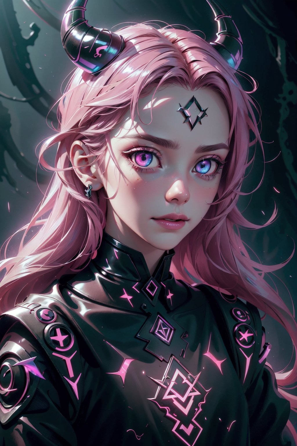 Highres, best quality, extremely detailed, area lighting in background, HD, 8k, extremely intricate:1.3) 1 girl, demonictech, iridescent, shiny, small body, asymmetrical ,GlowingRunes_pink ,Detailedface, portrait