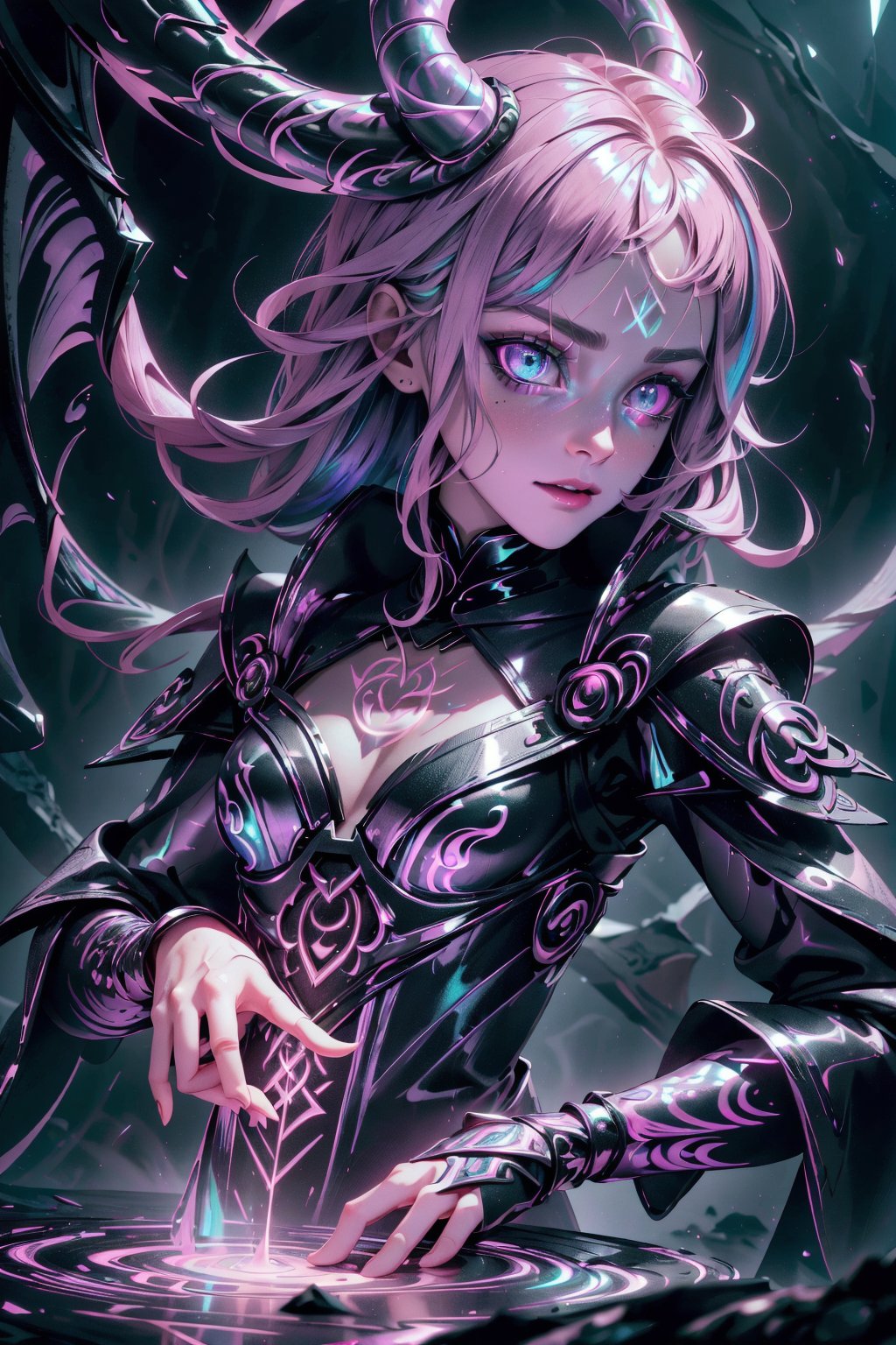 Highres, best quality, extremely detailed, HD, 8k, extremely intricate:1.3) 1 girl, demonictech, (((iridescent))), shiny, small body, cleavage, asymmetrical ,GlowingRunes_pink ,Detailedface, portrait