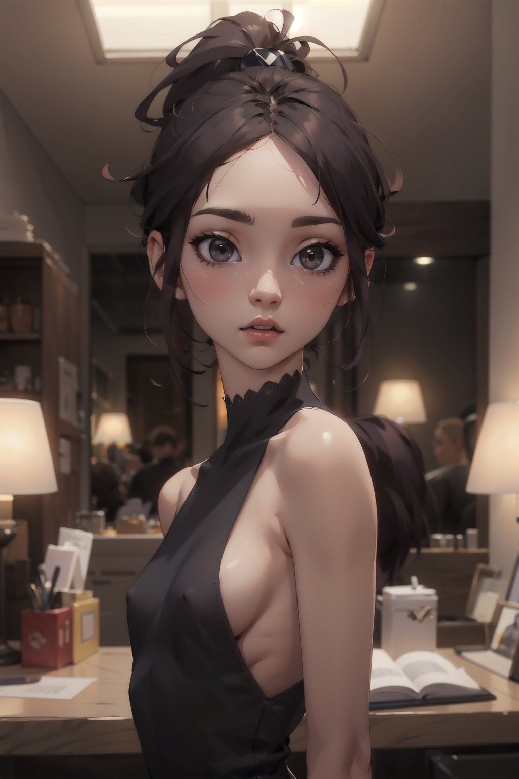 Highres, best quality, extremely detailed, area lighting in background, HD, 8k, 1girl, cute, goth, pervert, small body, small breasts, no_bra,