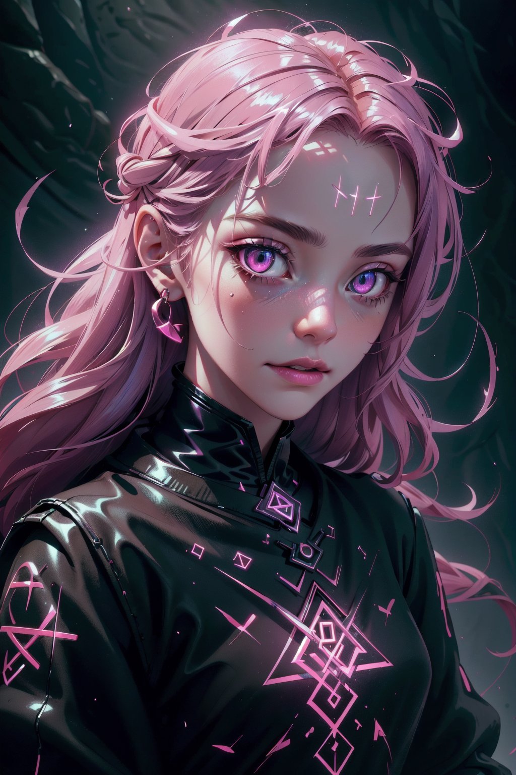 Highres, best quality, extremely detailed, area lighting in background, HD, 8k, extremely intricate:1.3) 1 girl, demonictech, iridescent, shiny, small body, asymmetrical ,GlowingRunes_pink ,Detailedface, portrait