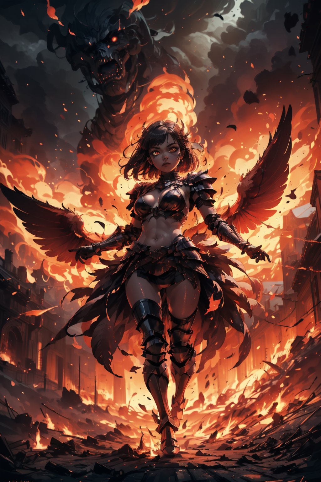 Highres, best quality, extremely detailed, area lighting in background, HD, 8k, 1girl, bikini armor, fiery eyes, overlooking an army, horror style, area lighting in background, flame dress, large burning feather wings, (levitating:1.2) portrait