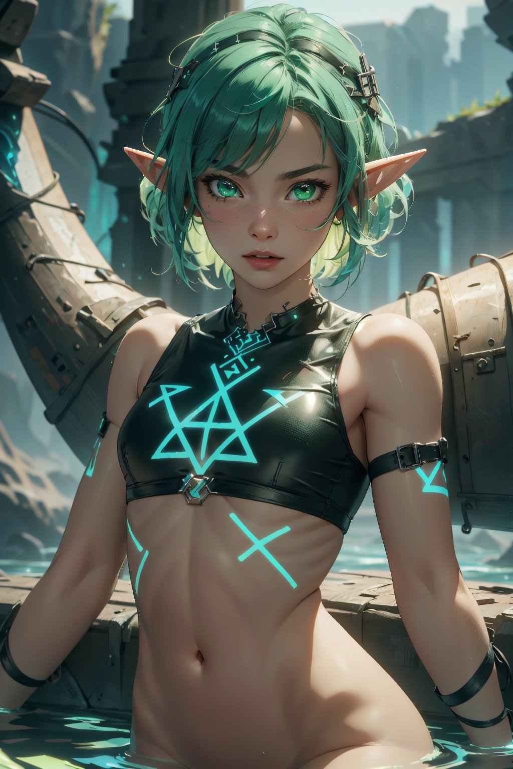 Highres, best quality, extremely detailed, area lighting in background, HD, 8k, extremely intricate:1.3), realistic, SMALL BODY, CUTE,GlowingRunes_green, stomach,elf