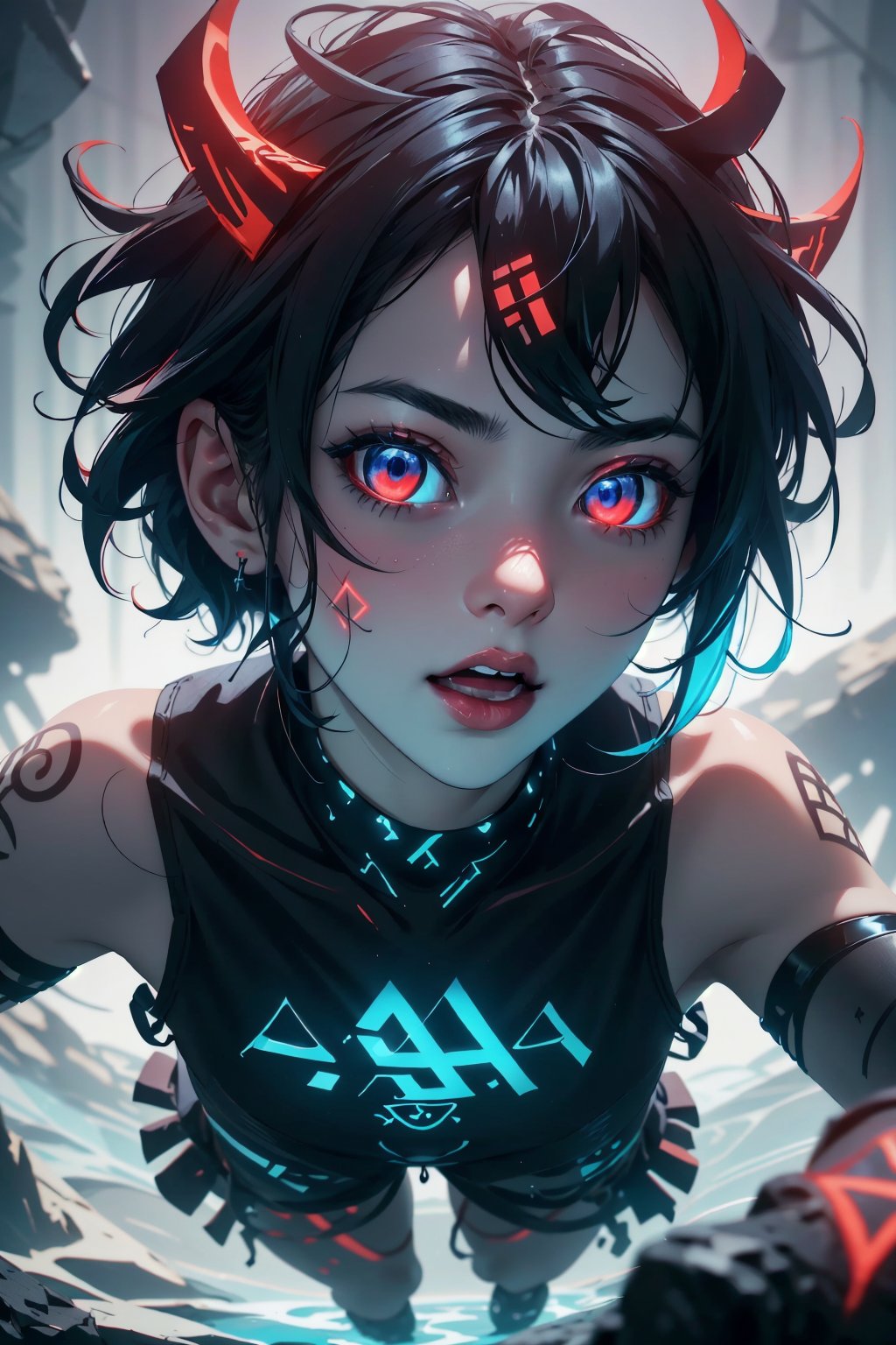 Highres, best quality, extremely detailed, area lighting in background, HD, 8k, extremely intricate:1.3), realistic, SMALL BODY, CUTE, (portrait:1.2) runes, glowing, blue, full body, stomach runes,GlowingRunes_red, abyssal, horror style