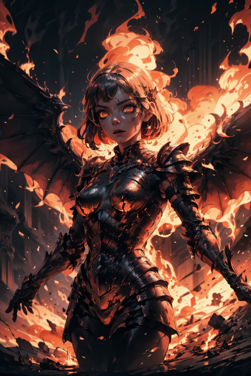 Highres, best quality, extremely detailed, area lighting in background, HD, 8k, 1girl, armor, fiery eyes, overlooking an army, horror style, area lighting in background, flame dress, large burning wings, (levitating:1.2) portrait, upper_body