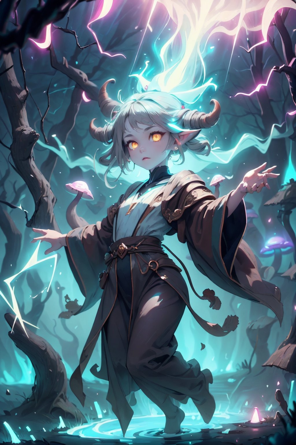 (masterpiece, best quality), (1 girl, cute, small body), yellow eyes, gray hair, fade with sideburns, Style-GravityMagic, solo, detailed background, detailed face, fungal mage, calm, dark brown robes, swirling brown magical energy in the air, nature, folkloric, underbrush, fungal wisps, living mushrooms in background, mysterious dark night, faint bioluminescence, ethereal atmosphere, lightningmagicAI,