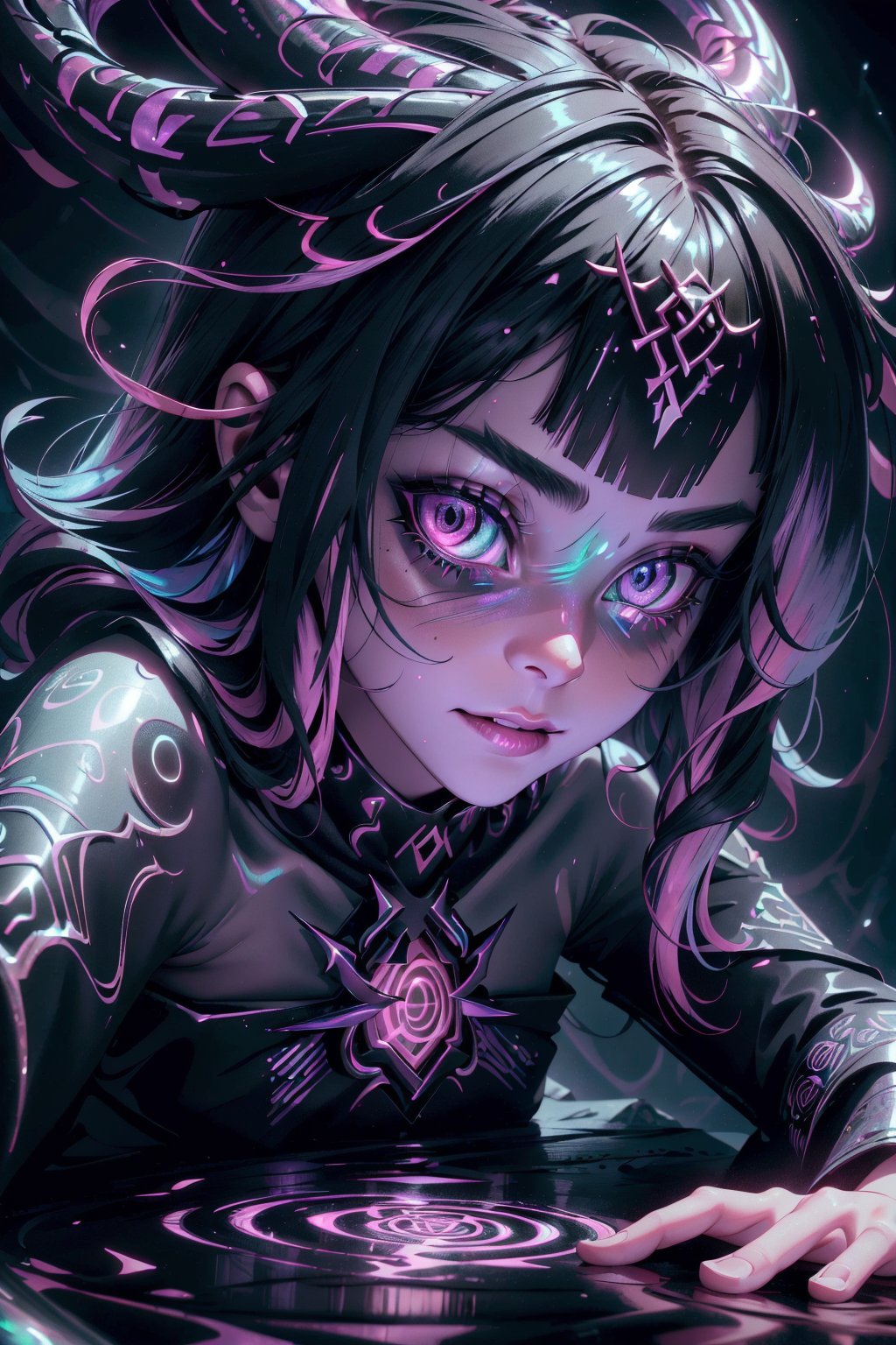 Highres, best quality, extremely detailed, HD, 8k, extremely intricate:1.3) 1 girl, demonictech, (((iridescent))), shiny, small body, cleavage, asymmetrical ,GlowingRunes_pink ,Detailedface, portrait