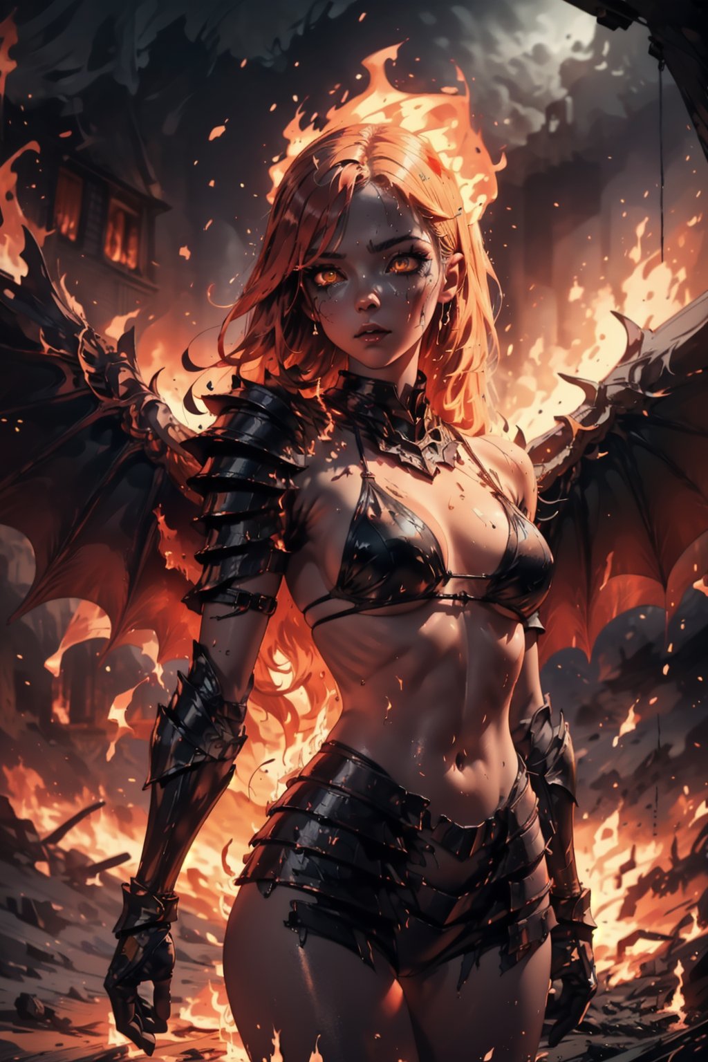 Highres, best quality, extremely detailed, area lighting in background, HD, 8k, 1girl, fiery eyes, bikini armor, overlooking an army, horror style, area lighting in background, flame dress, large burning wings, (wings made of fire:1.2) portrait