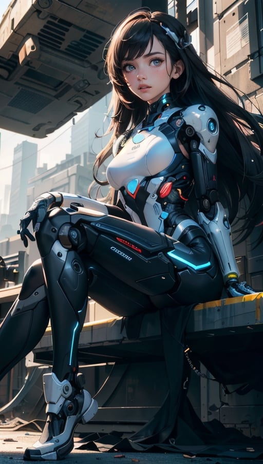 (best quality, masterpiece, colorful, dynamic angle, highest detailed)upper body photo, full body photo, fashion photography of cute  1girl, mechanical arms, cyborg, dark mood, dystopia, glowing, looking at viewer, sitting, long hair, bokeh (intricate details, hyperdetailed:1.15), detailed, light passing through hair, (official art, extreme detailed, highest detailed),
