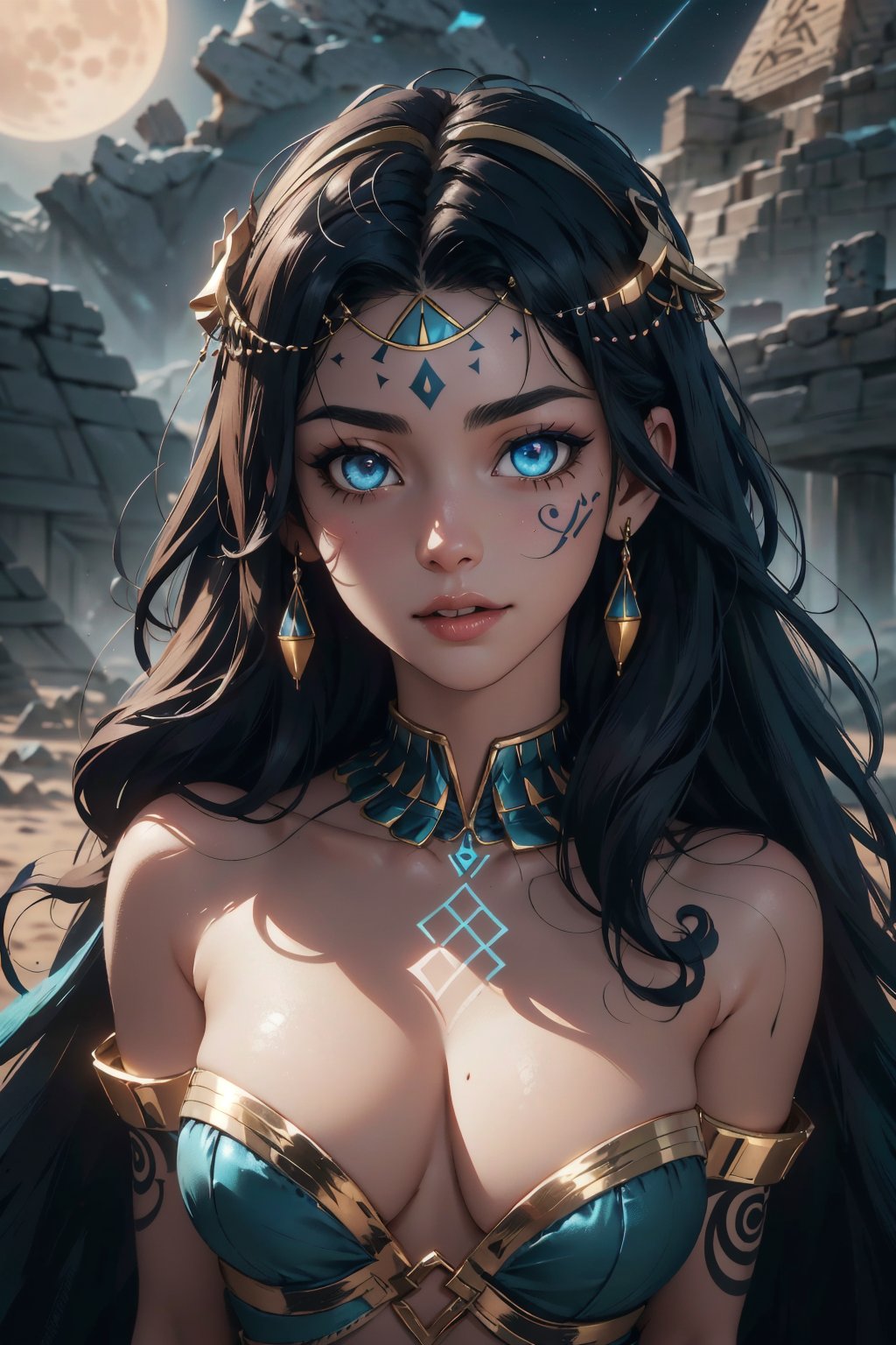 Highres, best quality, extremely detailed, area lighting in background, HD, 8k, extremely intricate:1.3), realistic, SMALL BODY, CUTE, (portrait:1.2) (sexy Cleopatra), (sexy, skimpy, sheer, fantasy Egyptian costume), (colorful), (fantasy Egyptian cosmetics), full_body, T-pose, dynamic pose,outdoors, (night:1.2), moon light, desert setting, Pyramid in background, Detailedface, (perfectly drawn eyes:1.2), nsfw,GlowingRunes_blue, runes, body tattoo