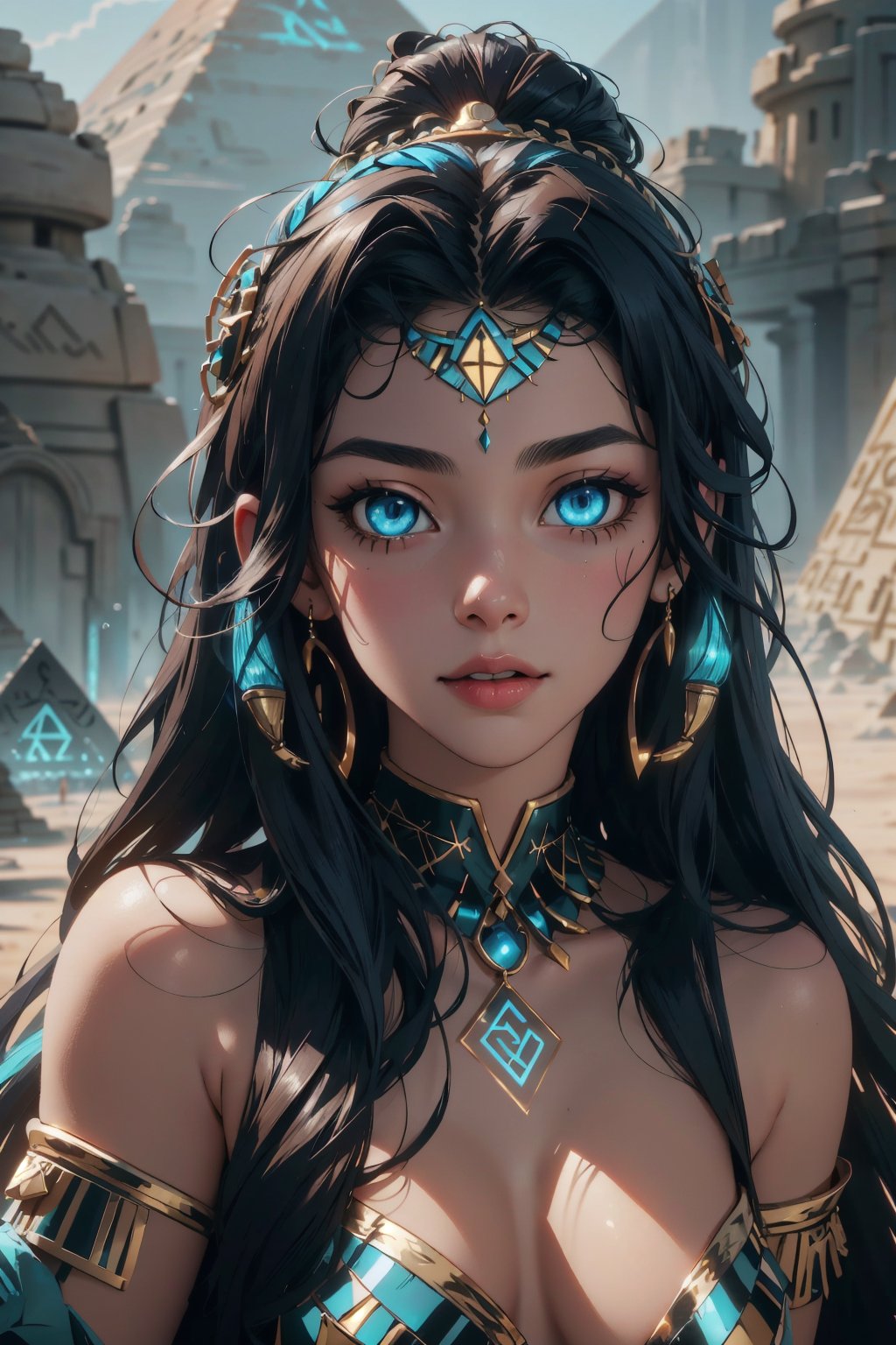Highres, best quality, extremely detailed, area lighting in background, HD, 8k, extremely intricate:1.3), realistic, LOLI, SMALL BODY, CUTE, (portrait:1.2) (sexy Cleopatra), (sexy, skimpy, sheer, fantasy Egyptian costume), (colorful), (fantasy Egyptian cosmetics), full_body, T-pose, dynamic pose,outdoors, night, desert setting, Pyramid in background, Detailedface, (perfectly drawn eyes:1.2), nsfw,GlowingRunes_blue, runes