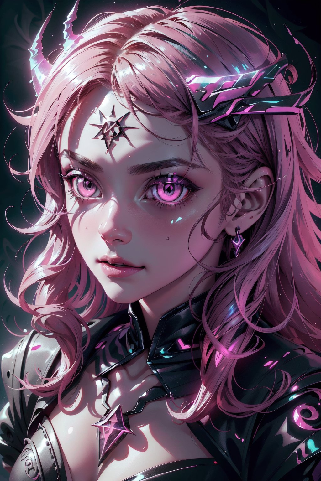 Highres, best quality, extremely detailed, HD, 8k, extremely intricate:1.3) 1 girl, demonictech, iridescent, shiny, small body, cleavage, asymmetrical ,GlowingRunes_pink ,Detailedface, portrait