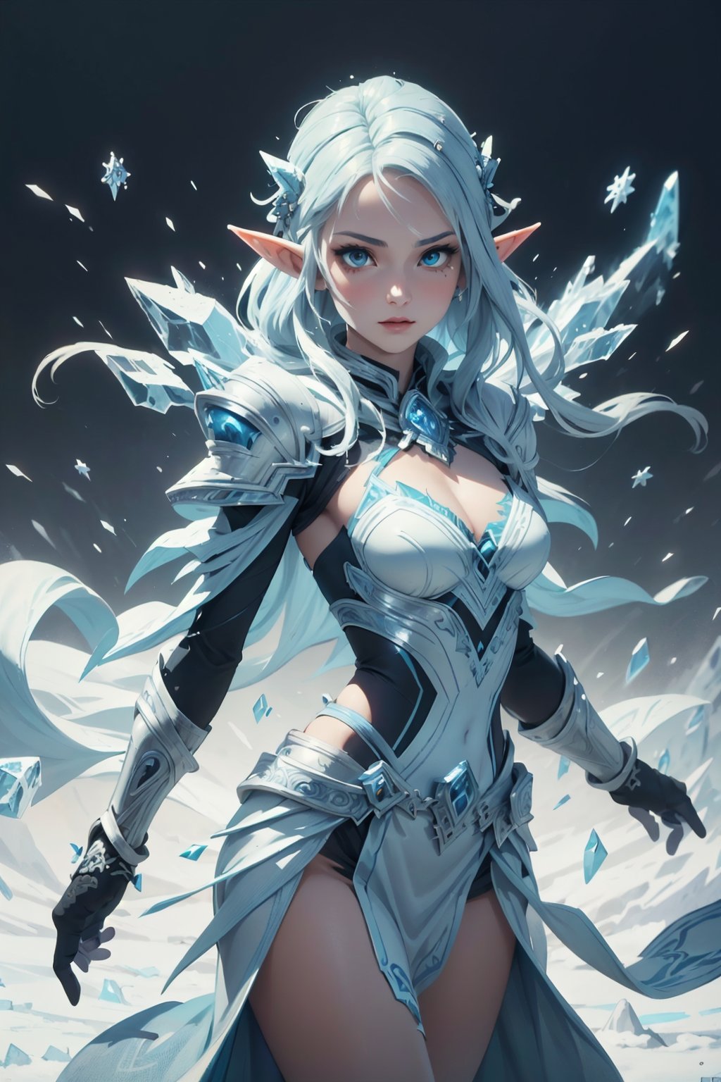(masterpiece, best quality), intricate details, perfectly drawn face, 1 girl, elf, (revealing_clothes:1.2), dynamic pose, cowboy_shot, (icemagicAI, ice armor, cold)
