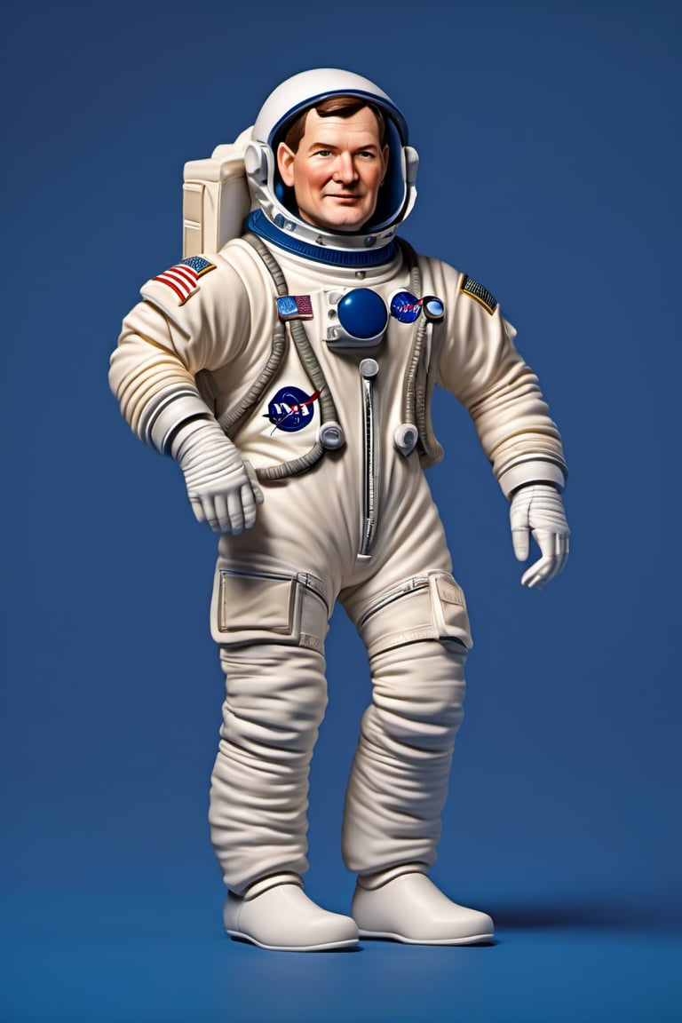 Caricature figure of Michael Collins, head, legs, feet, wearing astronaut suit, deep blue dimentional background, high-res