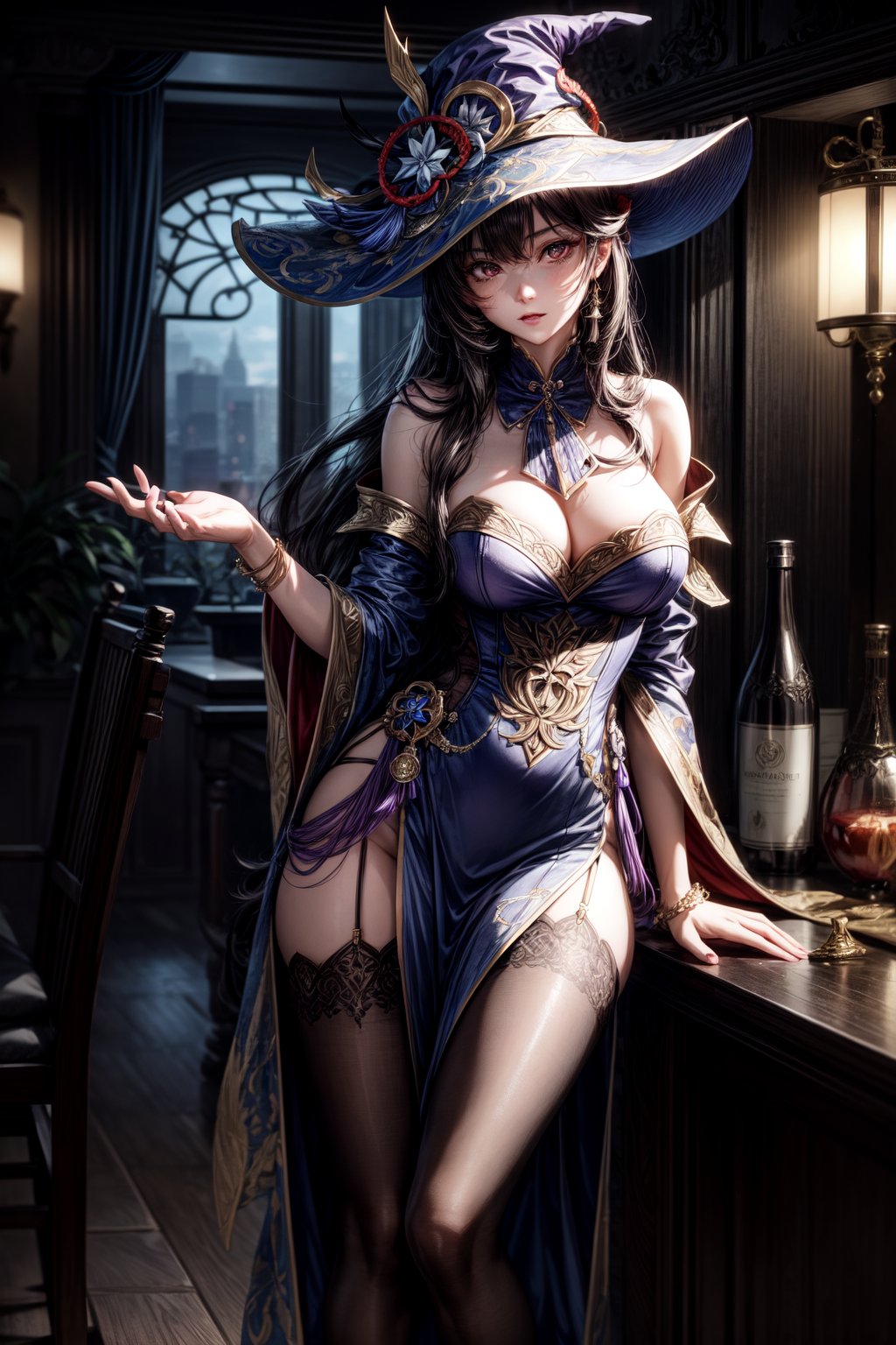 girl, wearing purple wizard robe and long hat, brown long hair, genshin impact, detailed body, full body, pointed at the viewer,  masterpiece, best quality, raw photo, absurdres, uhd, 1girl, cleavage, intricate detail, detailed background, detailed skin, detailed face, high_resolution, 
