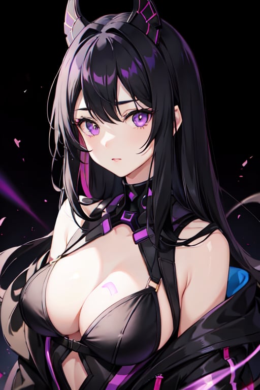 1girl, black hair, multicolored hair, purple eyes, (cute face), (full chest), head mask, side light, light particles, wallpaper,