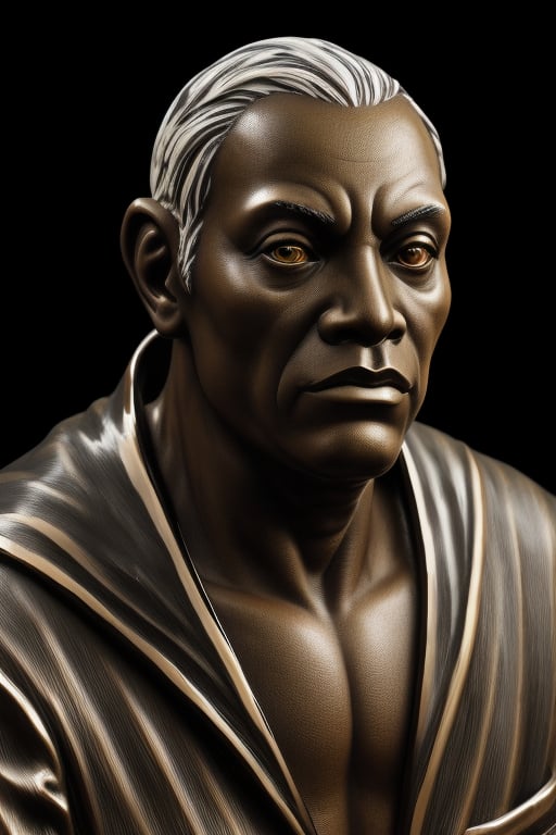 a erudite-looking man dinosaur, academia intellectual, wise man, smart eyes, wise, black-and-white hair, wrinkled skin, looking at the camera, black background, (bronze skin tone) shadow), black and white photo