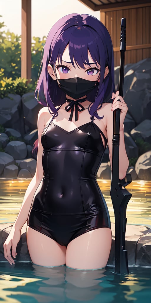 1girl, purple hair, purple eyes, portrait, realistic, (onsen), sidelighting, wallpaper, beutiful body, sexy, roses, evangelion Rei, Genshin, Raiden, cute, with weapon, evil, not friendly looking, loli, child, small build, looking down, ashamed, with mask, covering face