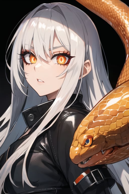 silver long hair, snake eyes, orange eyes,  badass, split pupils, adult, high quality, detailed, beauty 