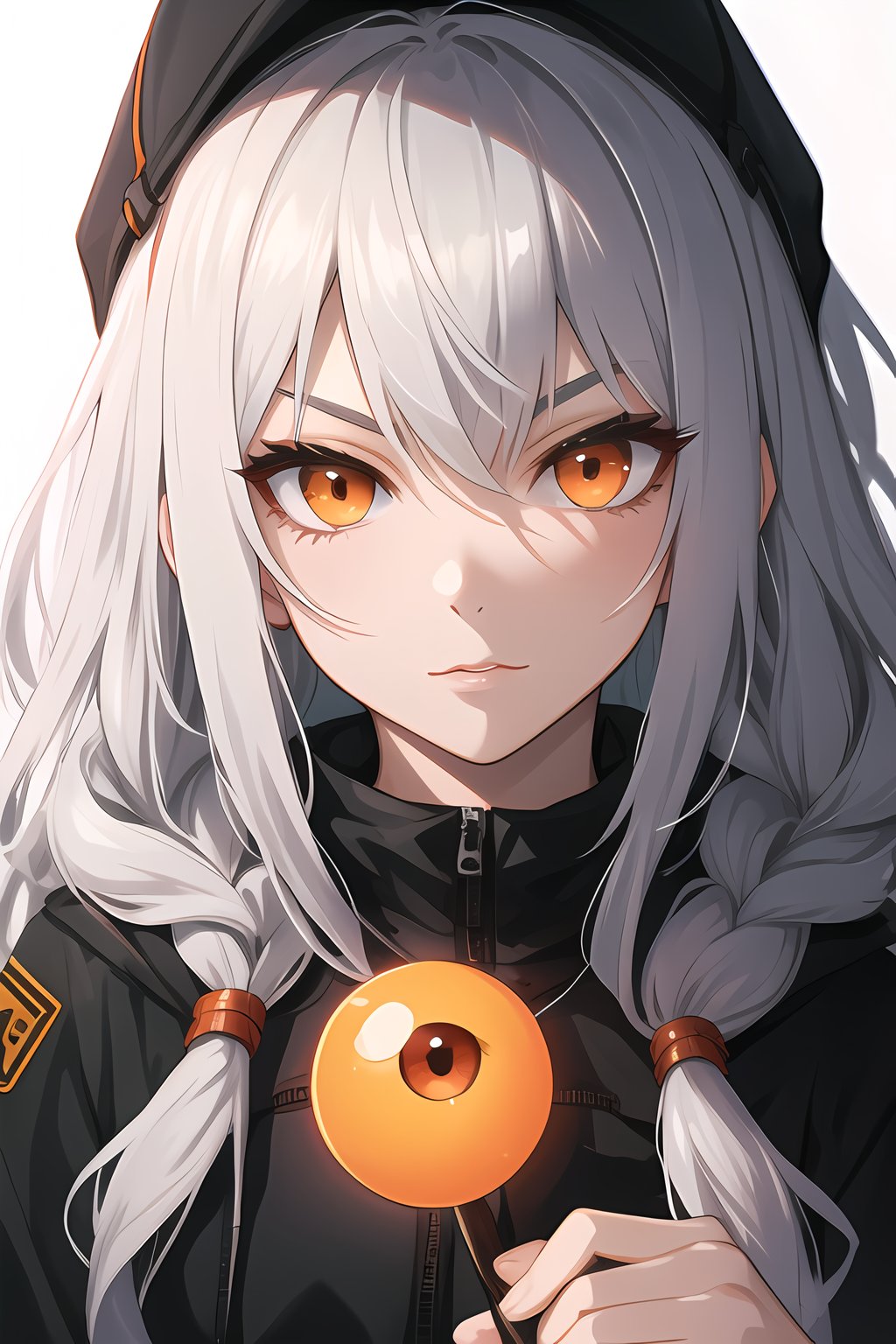 create characted on the photo i uploaded, silver long hair, snake eyes, orange eyes,  badass 