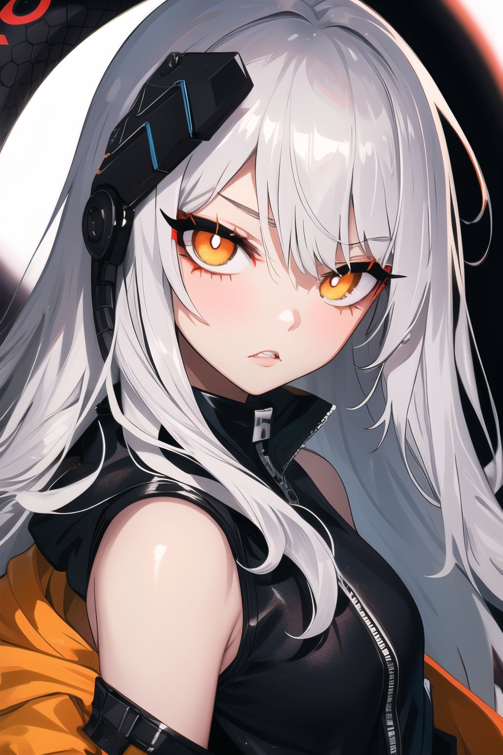 silver long hair, snake eyes, orange eyes,  badass, split pupils, adult, high quality, detailed, beauty 