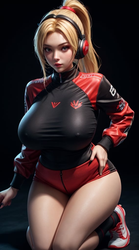 (best quality), (masterpiece), (realistic), fromabove,(detailed),best_body, ultra HD, hot woman, massive heavy boobs, thick-thighs, curvy_figure ,wearing gaming headphone, wearing gaming clothes, blond_hair, long_ponytail, black background, two peice clothes, sexy pose, little red in outfit, kneeling_down