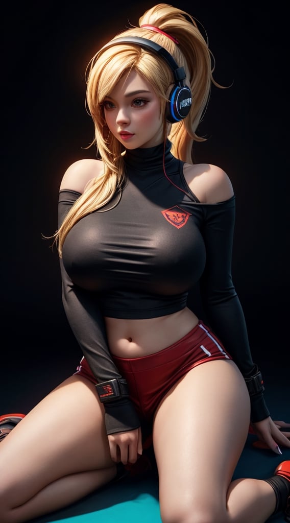 (best quality), (masterpiece), (realistic), fromabove,(detailed),best_body, ultra HD, hot woman, massive heavy boobs, thick-thighs, curvy_figure ,wearing gaming headphone, wearing gaming clothes, blond_hair, long_ponytail, black background, two peice clothes, sexy pose, little red in outfit, on knee on floor