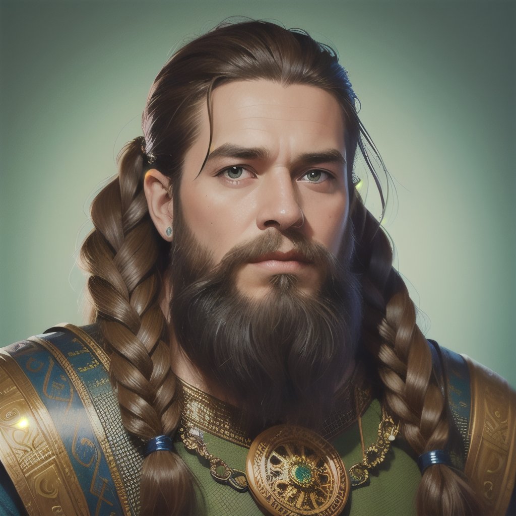 Protrait, photograph, strong features, beautiful face, dreadlocked hair, long bangs, long ponytail, bright blue-green eyes, hindu art, viking, male, 1man, long beard