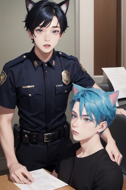 1boy,boy age 18,masterpiece, best quality, boy animal ears, boy blue eyes,boy colored sclera, boy black hair, cat ears, boy multicolored hair, boy freckles, boy two-tone hair, boy blue hair, male focus, lips, boy short hair, boy black sclera,boy in prison uniform, at police desk, woman bailing out boy