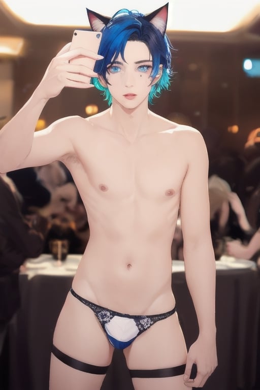 ((masterpiece)), best quality, animal ears, blue eyes,colored sclera, black hair, cat ears, multicolored hair, freckles,1boys,  two-tone hair, blue hair, male focus, lips, short hair, black sclera, topless, gay_sex, full_body, uncensored, male_only, cute twink boy standing in the disco wearing pink panties and stockings, boy with small dick in the panties, small penis bulge, feminine body, feminine boy, submissive, taking selfie, body with small dick,  boy with wide hips, big ass, perfection model, perfect body, perfect cock, complex_background, detailed face, detailed hands,High detailed, realhands, holding_cellphone, foam party