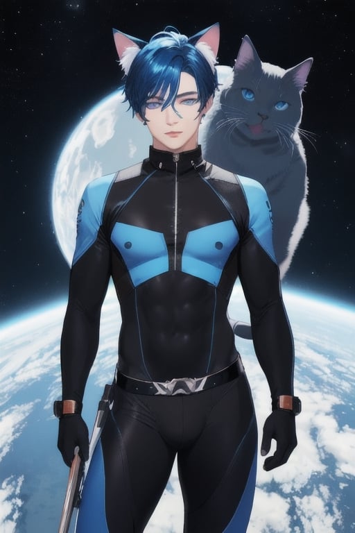 masterpiece, best quality, solo, animal ears, blue eyes,colored sclera, black hair, cat ears, multicolored hair, freckles,1boy,  two-tone hair, blue hair, male focus, lips, short hair, black sclera, full_body, uncensored, male_only,homoerotic,  science fiction, scenery,holding weapon, blue skin tight  bodysuit, spaceship background,underwear_bulge,crotch_bulge, male genital_bulge, pinis outling bulge
