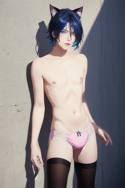 ((masterpiece)), best quality, animal ears, blue eyes,colored sclera, black hair, cat ears, multicolored hair, freckles,1boys,  two-tone hair, blue hair, male focus, lips, short hair, black sclera, topless, gay_sex, full_body, uncensored, male_only, cute twink boy standing in the berlin wearing pink panties and stockings, boy with small dick in the panties, small penis bulge, feminine body, feminine boy, submissive, taking selfie, body with small dick,  boy with wide hips, big ass, perfection model, perfect body, perfect cock, complex_background, detailed face, detailed hands,High detailed, realhands, dark night, night_sky, in front of the berlin wall