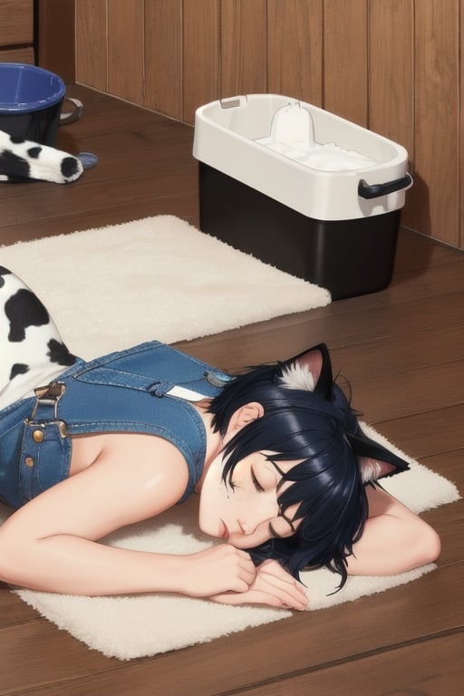 masterpiece, best quality, animal ears, blue eyes,colored sclera, black hair, cat ears, multicolored hair, freckles,1boy,  two-tone hair, blue hair, male focus, lips, short hair, black sclera, wearing overalls shorts, topless, cowboy boots, , cow, cow kicking, in barn, laying on floor, eyes closed, bucket of milk, bucket of milk spilled,milk puddle, stool knocked over , laying prone ,sleeping on floor