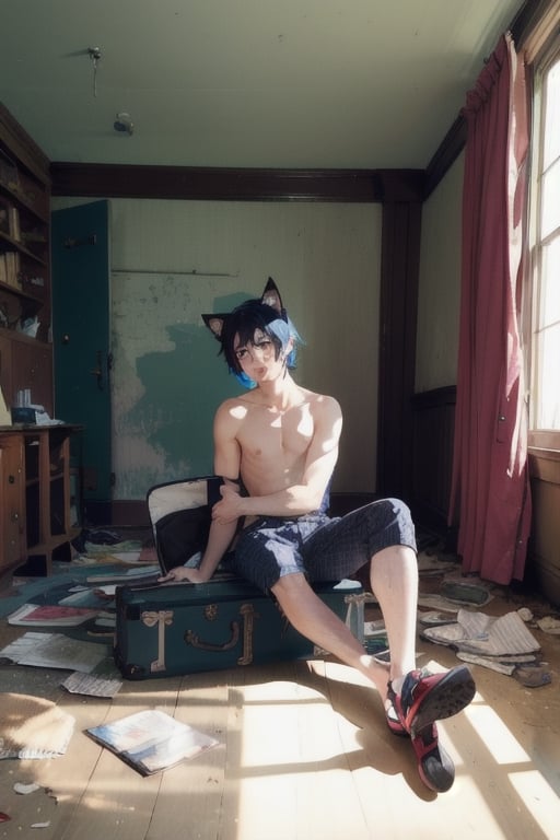 1boy and1man,masterpiece, best quality, animal ears, blue eyes,colored sclera, black hair, cat ears, multicolored hair, freckles, two-tone hair, blue hair, male focus, lips, short hair, black sclera,topless,fishnet,thong, night_sky, keep out, night, dark , inside classroom, abandoned_style, sittling on dirty bed, dirty room, open suitcase